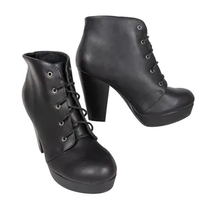 BONNIBEL Black Heeled Lace Up Platform Ankle Booties Faux Leather Women's 9 thumbnail 1