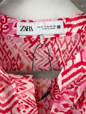 Zara Pink Red Ikat Geometric Print 3/4 Sleeve Tiered Skirt Boho Maxi Dress NWOT thumbnail 3