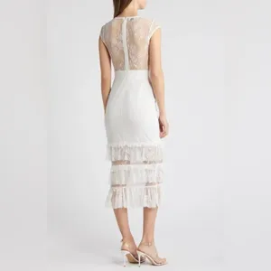 NWT BEBE Tiered Ruffle Lace Midi Dress Ivory Short Sleeve Size XL thumbnail 2