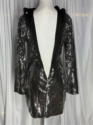 Black/Silver Sequin Mini Dress With Turtleneck Collar And Zipper Closure Size M thumbnail 6