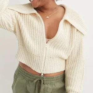 Aerie Cream Chunky Knit Full Zip Cropped Cardigan Sweater Oversized Collar Small thumbnail 1