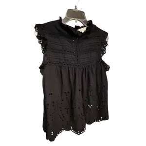 Adiva Black Eyelet Embroidered Sleeveless Top Ruffle‎ Neck Cotton Blouse Large thumbnail 11