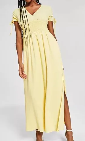 Bar III butter Yellow V-Neck Smocked Maxi Dress NWT FLAW short sleeve slit large thumbnail 1