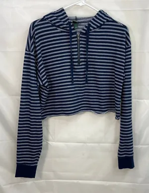 EUC Wild Fable women's blue white hooded zip cropped long‎ sleeve sweatshirt top thumbnail 1