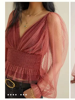 Anthropologie Tulle V Neck Blouse Bordeaux Red Sheer Smocked Peplum Top XS thumbnail 2