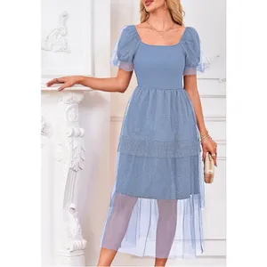 NEW Blue Smocked Tulle Polka Dots Poof Sleeves Midi Dress XL thumbnail 7