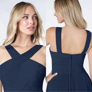 NWT Azazie Kaleigh Dark Navy Blue A-Line Pleated Chiffon Bridesmaid Maxi Dress 6 thumbnail 3