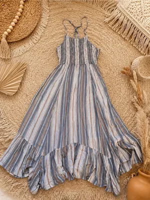 Angie‎ Striped Smocked Maxi Dress Small Boho Coastal S thumbnail 1