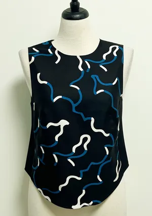 Diane Von Furstenberg Black Blue Ivory Sleeveless Scottie Wool Silk Top Medium thumbnail 1