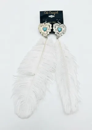 NWT Citi Cowgirl Western Heart & White Feather Statement Earrings thumbnail 1