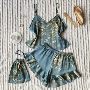 Women's Satiny Floral Print Pajama Set with Bag Size XL thumbnail 1