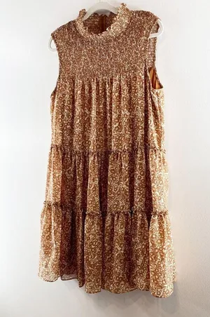 Taylor Smocked Tiered Printed Mini Dress Brown XL thumbnail 6