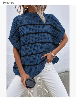 Blue Oversized Short Batwing Sleeve Mock Neck Sweater Vest Size Large New thumbnail 2