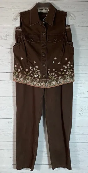 Vintage Susan Bristol Women’s Brown Corduroy Vest&pants set Floral Embroidery M thumbnail 1