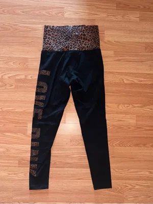 PINK Victoria's Secret Black Leggings with Leopard Fold-Over Waistband and Logo thumbnail 2