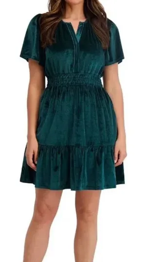 French Connection Velvet Dress Emerald Green whimsigoth boho Ruffle Mini L party thumbnail 1