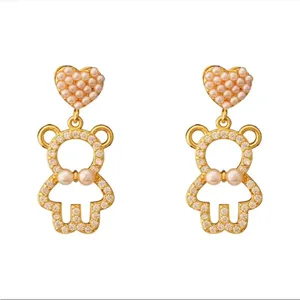 Rhinestone And Faux Pearl Decor Gold Plated Bear Drop Earrings Faux Fashion Jewe thumbnail 5