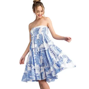 ee:some Blue White Botanical Fern Print Tiered Ruffle Maxi Skirt Dress‎ Smocked thumbnail 2