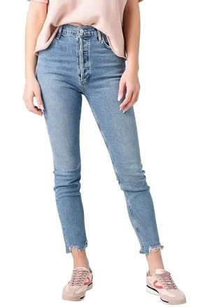 AGOLDE Nico High Rise Straight Leg Jeans Light‎ Wash Distressed Raw Hem Size 25 thumbnail 1