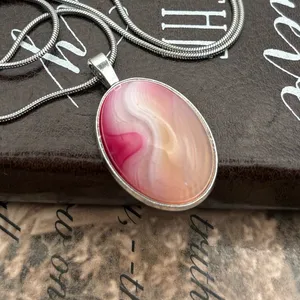 Pink Banded Agate Statement Necklace 20” Romantic Boho Gemstone thumbnail 2