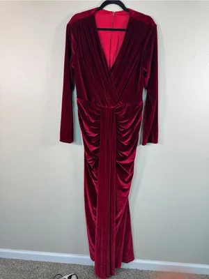 Burgundy Red Velvet Plunging Neckline Maxi Dress Gown Womens XL Holiday Party thumbnail 12