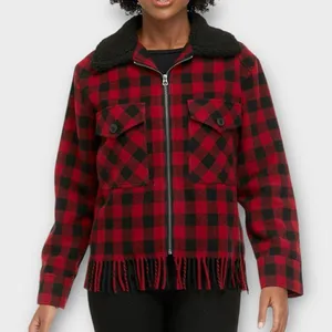 Chaps Red Black Plaid Fringe Jacket Sherpa Collar XL thumbnail 1
