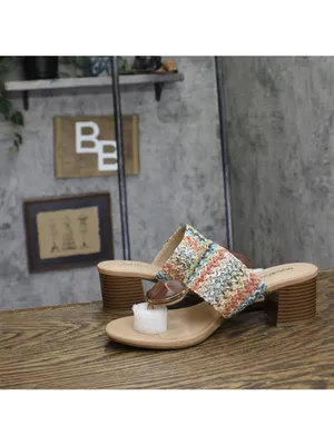 NWT Style & Co. Embellished Raffia Thong Block Heel Sandals Multi Brown 9M thumbnail 8