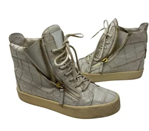 Giuseppe Zanotti Sz 5 EUR 36 Croc Embossed Leather High Top Sneakers Cream Gold thumbnail 1