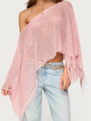 Edikted Sequin Fringe Knit Poncho Pink Flowy Flattering Size XS/Small NWOT thumbnail 1