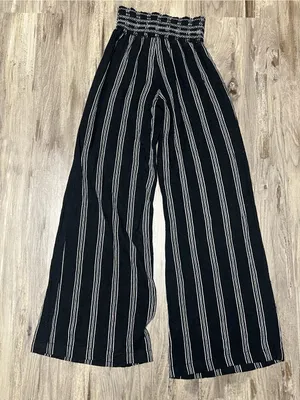 Rewash Black White Pink Striped Linen Blend Wide Leg Smocked Waist Pants XS thumbnail 5
