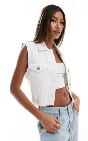 Abercrombie & Fitch White Cropped Sleeveless Denim Vest thumbnail 1