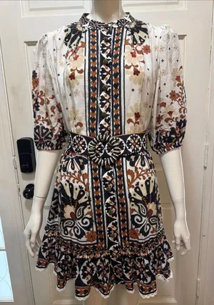 Farm Rio Flower Fan Tapestry Off-White Mini Dress Size Large. thumbnail 1