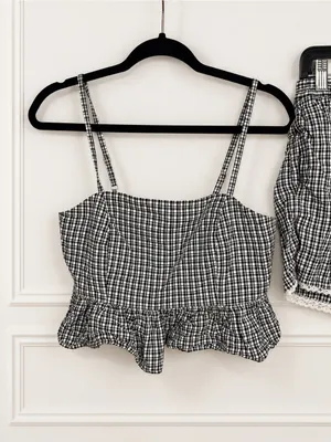 Aerie Black White Gingham Peplum Cami Lace Trim Shorts Set S Preppy Coquette thumbnail 3