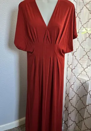 ZARA Rust Red V-Neck Maxi Dress With Pleated Front Detail & Short Sleeves thumbnail 1