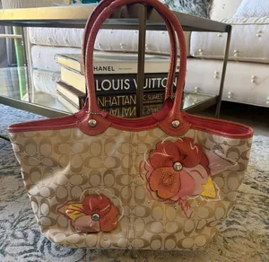 Coach Tan and Red Floral Tote thumbnail 1