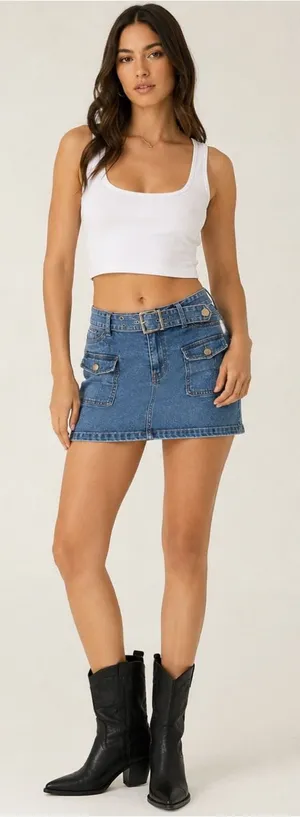 NWT Forever 21 Belted Denim Cargo Mini Skirt Utility Y2K Size Large thumbnail 1