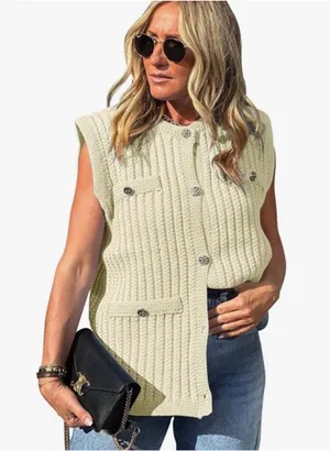 NEW Chunky Knit Top Sleeveless Button Down Trendy Cardigan Sweater M thumbnail 1