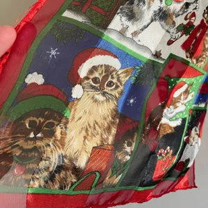 Vintage Christmas Cat Scarf Sheer Red Green Holiday Kitty Print Accessory thumbnail 7