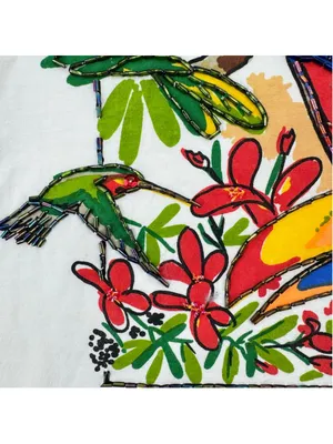 Vintage 90s Tee Tropical Birds Flowers Heavily Beaded Art to Wear Cotton Medium thumbnail 5