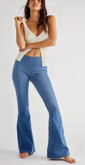 Free People We The Free‎ Women Penny Flare Elastic Waist Jeans Blue Size 24 thumbnail 1