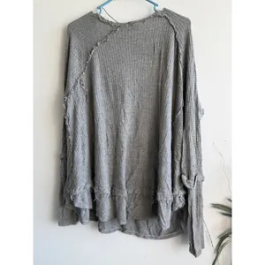 We The Free Free People Womens‎ Grey Waffle Knit V-Neck Raw Edge Top Size M 3397 thumbnail 3
