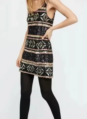 FREE PEOPLE Women’s M Geometric Print Sequin Shift Dress Black Tan Gold size XS thumbnail 5