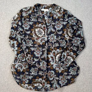 Loft Women's Small Floral Paisley Sheer Tunic Blouse Navy/Brown V-Neck thumbnail 1