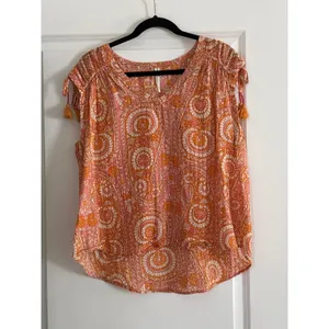 Anthropologie Terra Shirred Orange Paisley Tassel Tie V-Neck Blouse Large thumbnail 4