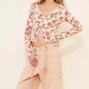 NEW Free People Tilly Tea Combo Ivory Floral Button Front Cotton Long Sleeve Top thumbnail 3