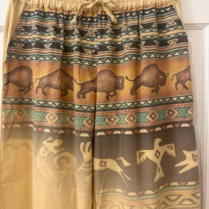ADOR Wide Leg Western Buffalo Pants L Cotton Linen Boho Graphic NEW NWT thumbnail 2