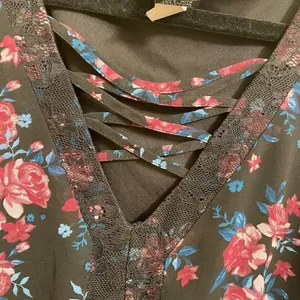 Torrid Black Pink Floral Chiffon Lattice Bell Sleeve Blouse, 1 14/16 thumbnail 5