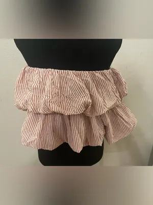 Anthropologie Striped Off-Shoulder Ruffle Bubble Top in Blush and White Size S thumbnail 2