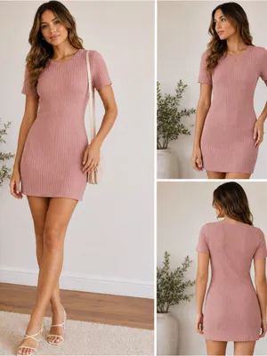 Reformation Ribbed Short-Sleeve Mini Dress in Dusty Rose Body Con Mini comfort Stretchy Size thumbnail 3
