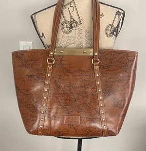 Patricia Nash Benvenuto Italy Map Brown Leather Antique Brass Xlarge Tote Bag thumbnail 1